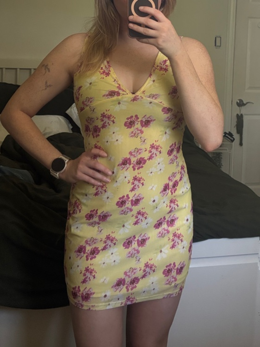 Floral Yellow Slip Dress with Pink Bloom Print